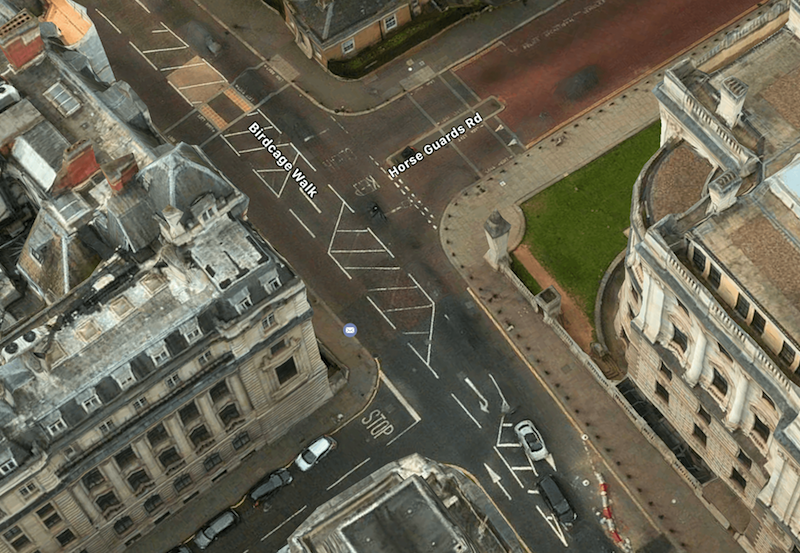 An aerial map of the junction at Storey’s Gate, Birdcage Walk, Horse Guards Road and Great George Street.