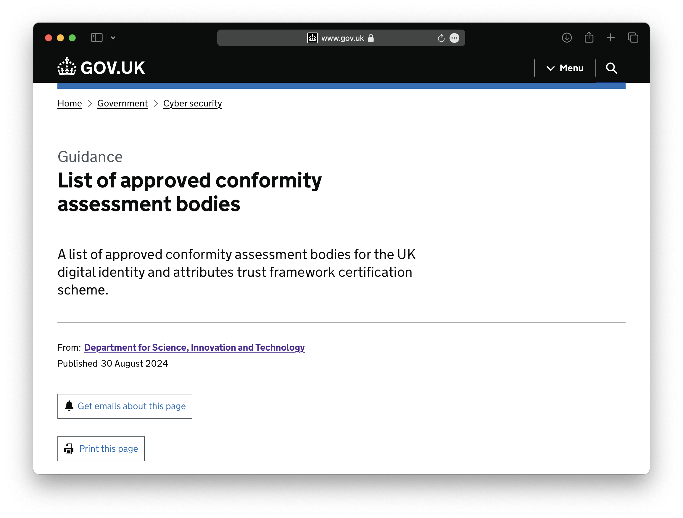 A screenshot of the new "List of approved conformity assessment bodies" on GOV.UK