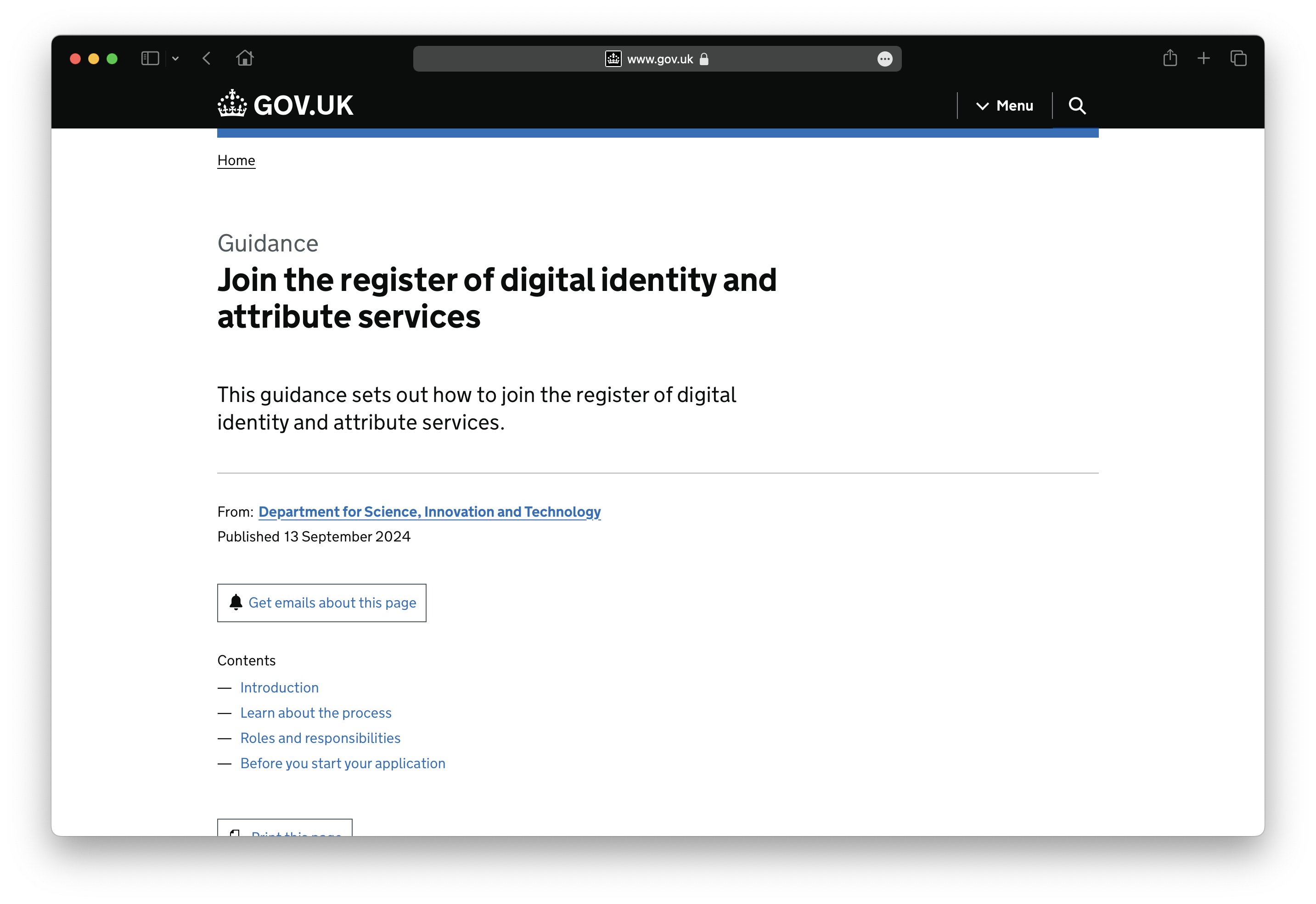 A screenshot of the new “Join the register of digital identity and attribute services” page on GOV.UK