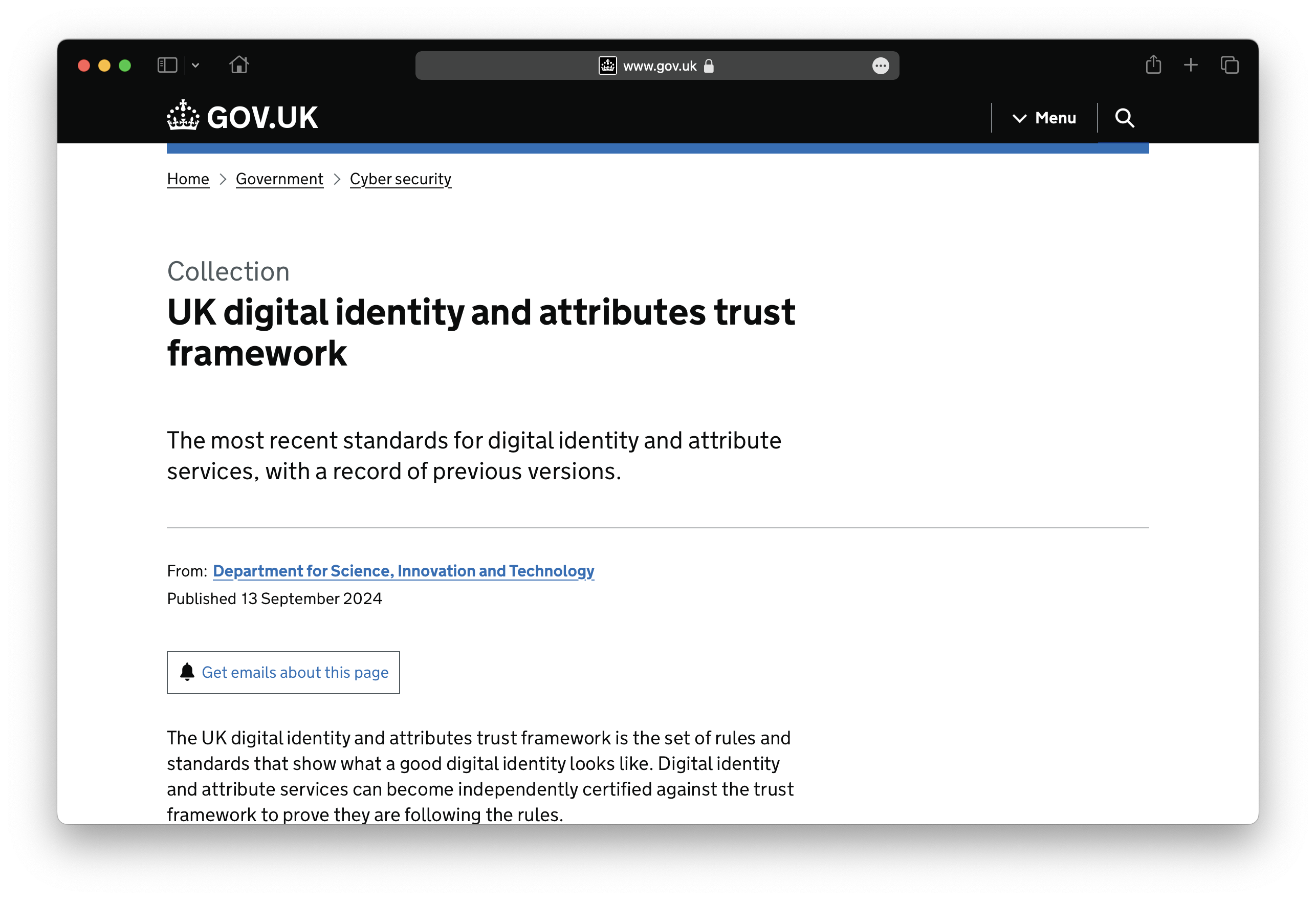 A screenshot of the new “UK digital identity and attributes trust framework” collection page on GOV.UK