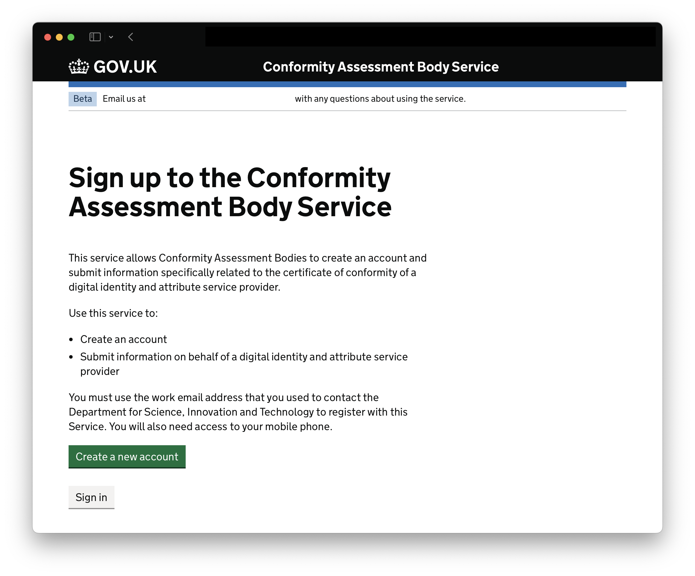 A screenshot of the private beta “Conformity Assessment Body Service”