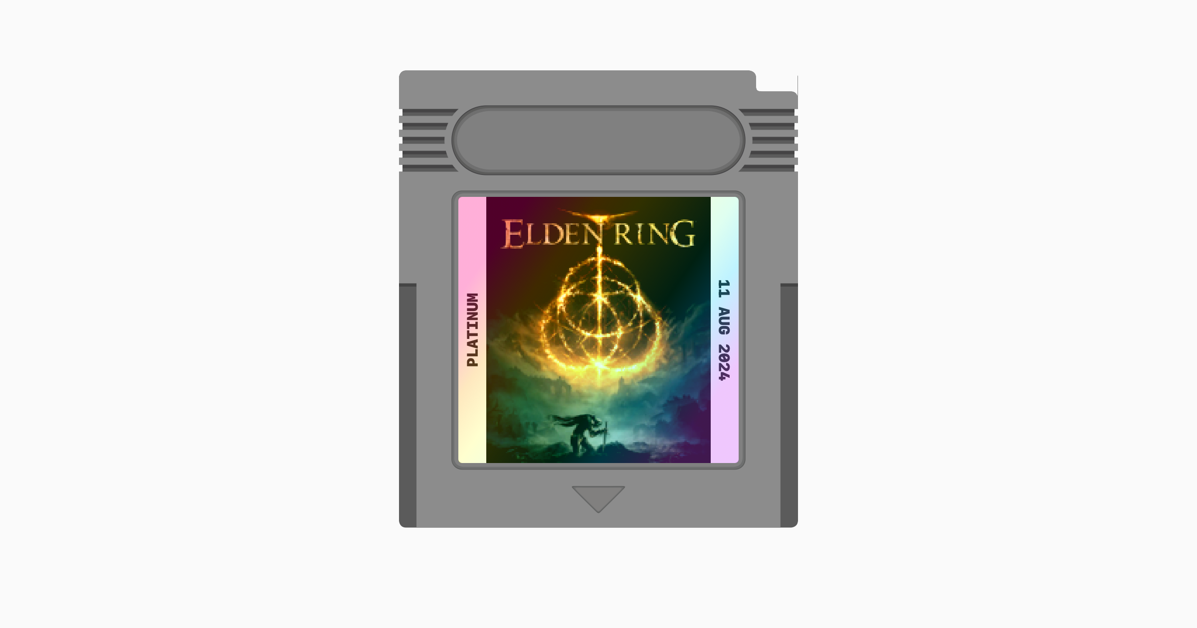 A screenshot of a redrawn Game Boy Game Pak in 2D perspective, featuring the box art for Elden Ring