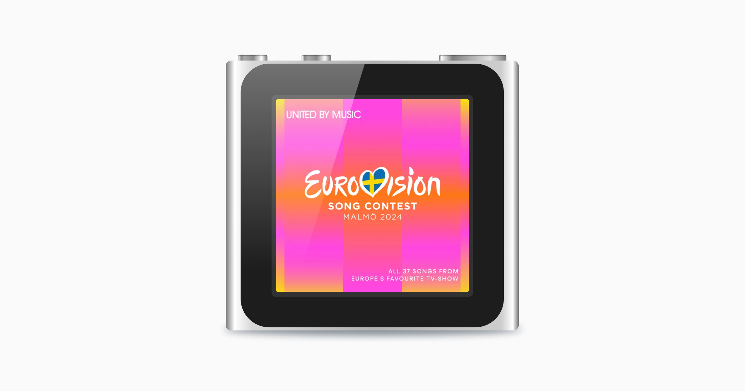 A screenshot of a representation of an iPod nano in 2D projection with cover art for the 2024 album for the Eurovision Song Contest.